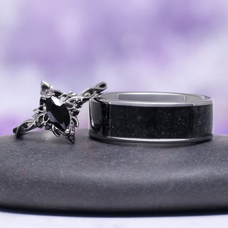 Shadow Queen Black Onyx Couples Ring Set by Aquamarise featuring black onyx gemstone with a silver filigree design and matching sleek black inlay band for his and hers promise rings.