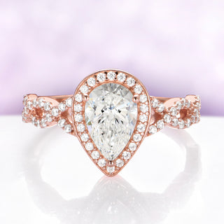 Simulated Diamond Engagement Ring in 14K Rose Gold Vermeil by Aquamarise, shown alone with a pear-cut simulated diamond halo on a twisted pave band.