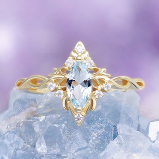 Siren Queen Marquise Aquamarine Lotus Ring in 14K Yellow Gold Vermeil