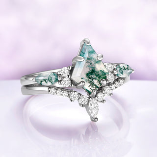 Skye Kite® Green Moss Agate Engagement Ring Set in 14K White Gold by Aquamarise Gold, featuring kite-cut green moss agate with diamond accents on a polished white gold band.