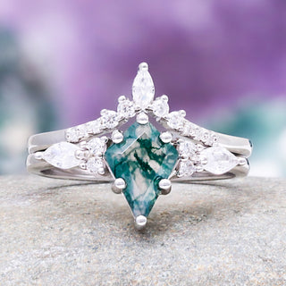 Skye Kite® Green Moss Agate Engagement Ring Set in 14K White Gold featuring a kite-cut moss agate center and sparkling white accents by Aquamarise Gold.