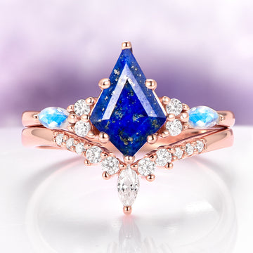 Skye Kite Natural Lapis Lazuli & Moonstone Ring Set in 14K Rose Gold by Aquamarise, a kite-cut lapis lazuli with moonstone and diamond accents.