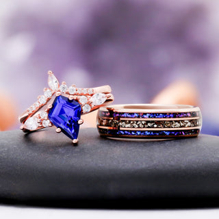 Skye Kite Orion Nebula & Cornflower Sapphire Couples Ring Set by Aquamarise, pairing a kite sapphire ring with a nebula inlay band.