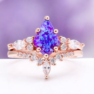 Skye Kite Purple Fire Opal Bridal Ring Set by Aquamarise, close-up of the kite-cut fire opal center stone
