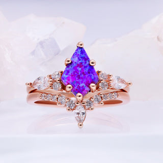 Skye Kite Purple Fire Opal Bridal Ring Set by Aquamarise, angled view of the stacked bands