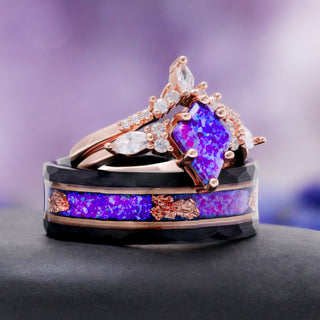 Skye Kite Purple Fire Opal Couples Ring Set by Aquamarise, both rings shown together
