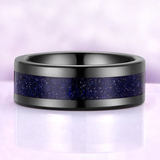 Starry Night Goldstone Inlay Mens Tungsten Ring (8mm) by Aquamarise, polished black tungsten band with deep blue goldstone inlay sparkling like a starry night sky.