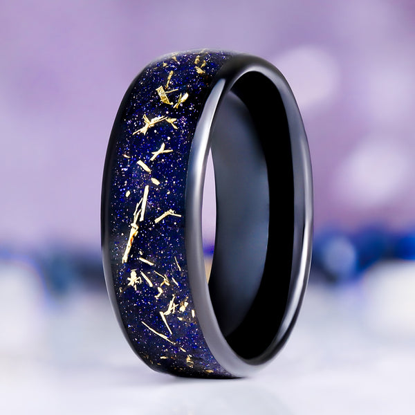 Starry Night Stardust Men's Wedding Band in Black Tungsten Carbide, 8mm, by Aquamarise, side profile view
