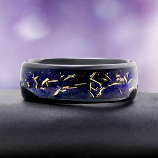 Starry Night Stardust Men's Wedding Band in Black Tungsten Carbide, 8mm, by Aquamarise, close-up of the stardust inlay