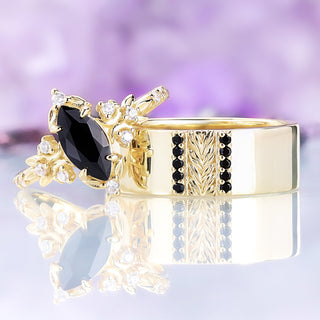 The Viridian black onyx engagement ring in gold vermeil shown with its matching men's 8mm leaf band as a couples ring set