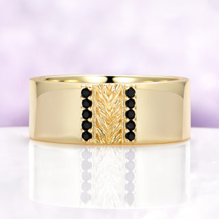 Mens 8mm yellow gold vermeil wedding band with a carved leaf panel and black onyx channels