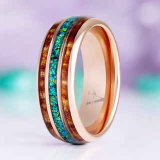 Whiskey barrel wood and peacock fire opal men's wedding band in tungsten, 8mm