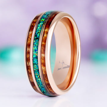 Whiskey barrel wood and peacock fire opal men's wedding band in tungsten, 8mm