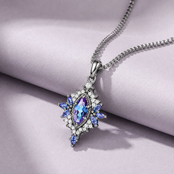 Sterling silver marquise alexandrite pendant necklace with a starburst halo on lilac satin, Aquamarise necklace collection banner