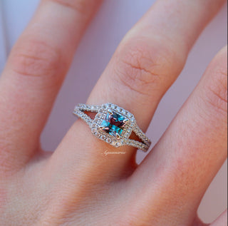 Split Shank Halo Alexandrite Engagement Ring in Sterling Silver by Aquamarise, featuring a princess-cut alexandrite with a sparkling diamond halo and split shank band.