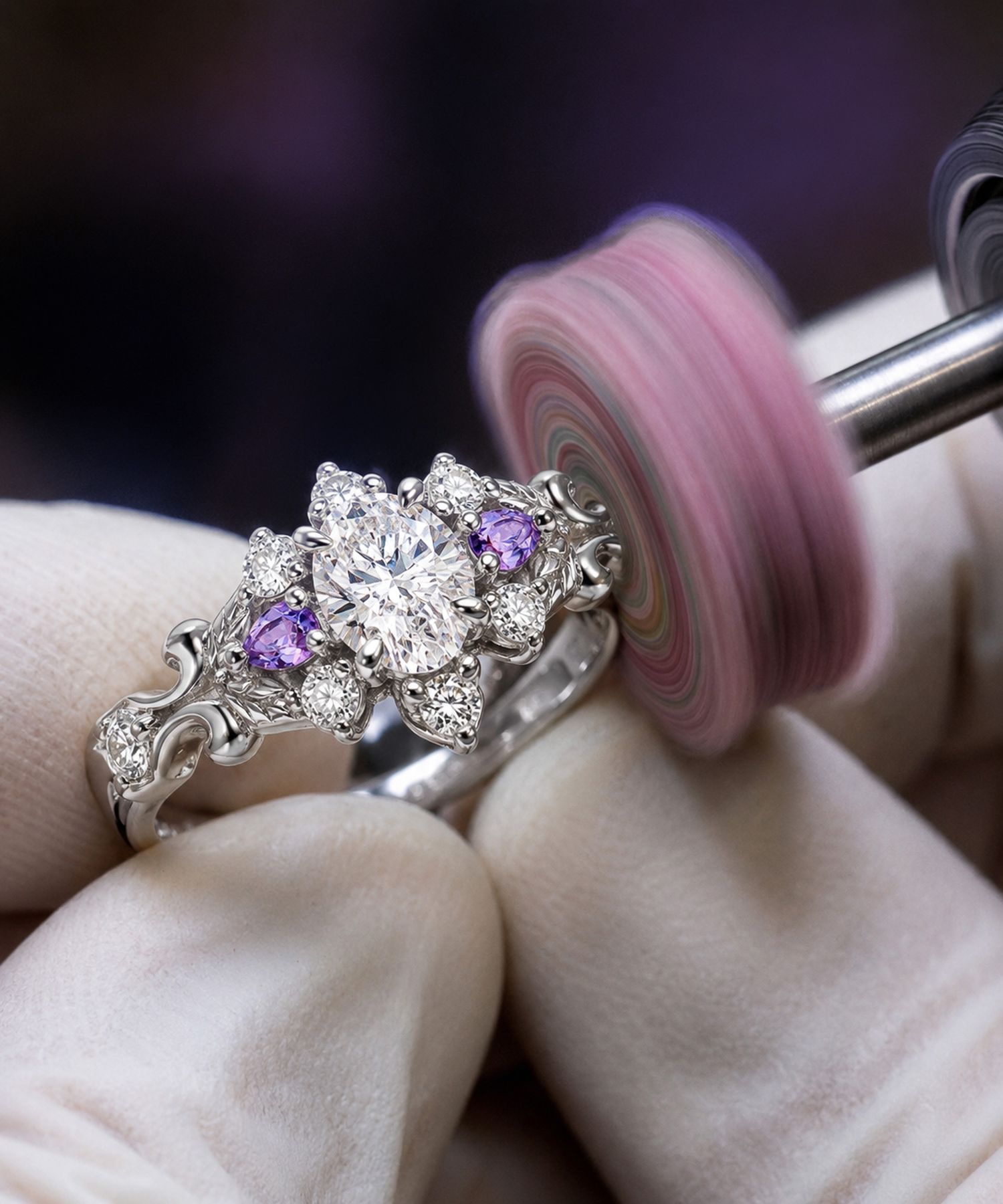Jeweler polishing a white gold oval moissanite ring accented with purple amethyst side stones on a workshop buffing wheel, Aquamarise craftsmanship banner