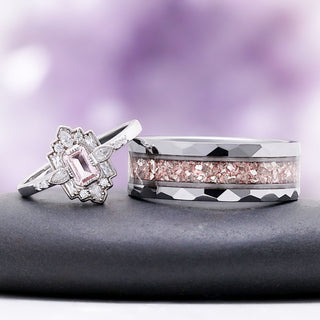 Art Deco morganite engagement ring with marquise and baguette accents beside a faceted men's band with a crushed morganite inlay