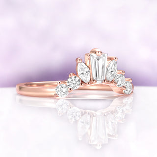 Baguette & Marquise Contour Stacking Ring in 14K Rose Gold Vermeil by Aquamarise, featuring baguette and marquise-cut stones with round accents on a polished rose gold vermeil band.