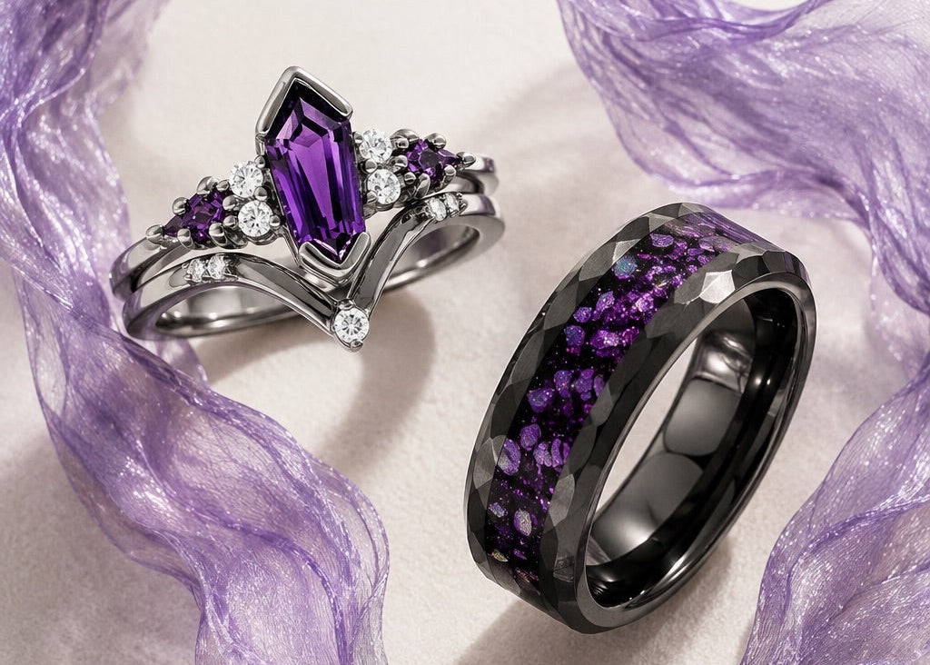 Black ruthenium marquise amethyst engagement ring and matching amethyst inlay band framed by lilac mesh ribbon, Aquamarise vertical couples ring banner