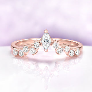 Chevron Curved Wedding Band in 14K Rose Gold Vermeil by Aquamarise, featuring a marquise center stone with round accents on a curved rose gold vermeil band.