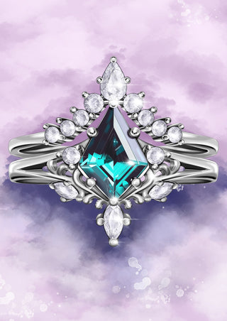 Elegant silver ring with a large blue gemstone on a purple gradient background