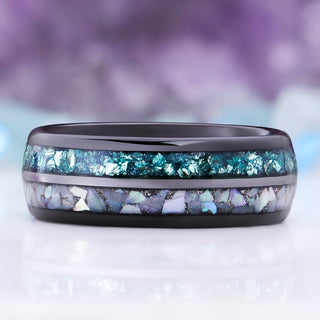 8mm polished black tungsten men's wedding band with two channels of crushed aquamarine and crushed pearl, front view
