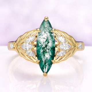 Eilwen Marquise Moss Agate Leaf Engagement Ring in 14K Yellow Gold Vermeil by Aquamarise, a tall 5 x 15 mm marquise moss agate framed by simulated diamond leaves