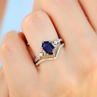Elara Starry Night Crescent Moon Engagement Ring Set in Sterling Silver worn on the hand