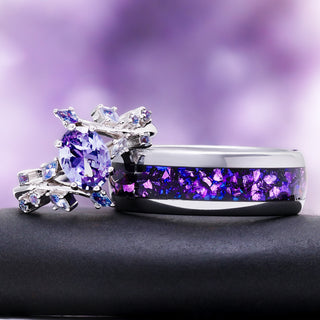 Galaxy alexandrite leaf couples ring set side by side, sterling silver alexandrite leaf ring beside the men's band with a crushed purple alexandrite inlay