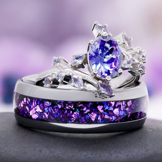Galaxy alexandrite leaf couples ring set stacked, the alexandrite leaf engagement ring resting on the men's crushed alexandrite and fire opal band