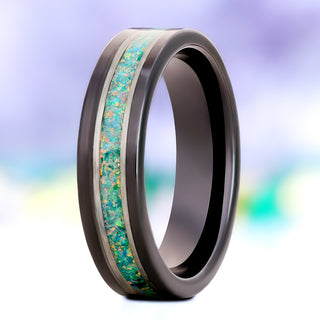 Galaxy green fire opal two-tone men's wedding band in black tungsten, 6mm, standing view showing the off-set green opal inlay with its silver edge
