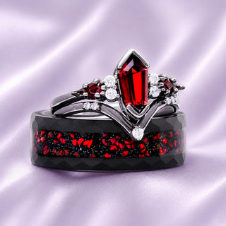 Red garnet couples rings by Aquamarise shown in the collection hero banner