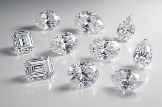 generate image for few loose fancy cut lab diamonds laying on white reflective surface