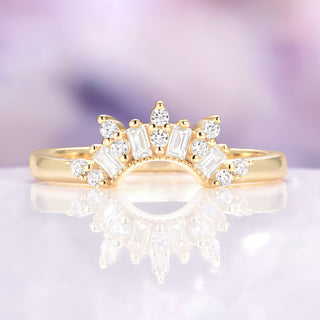 Yellow gold stacking diamond wedding band on purple background 