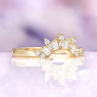 Yellow gold stacking diamond wedding band on purple background 