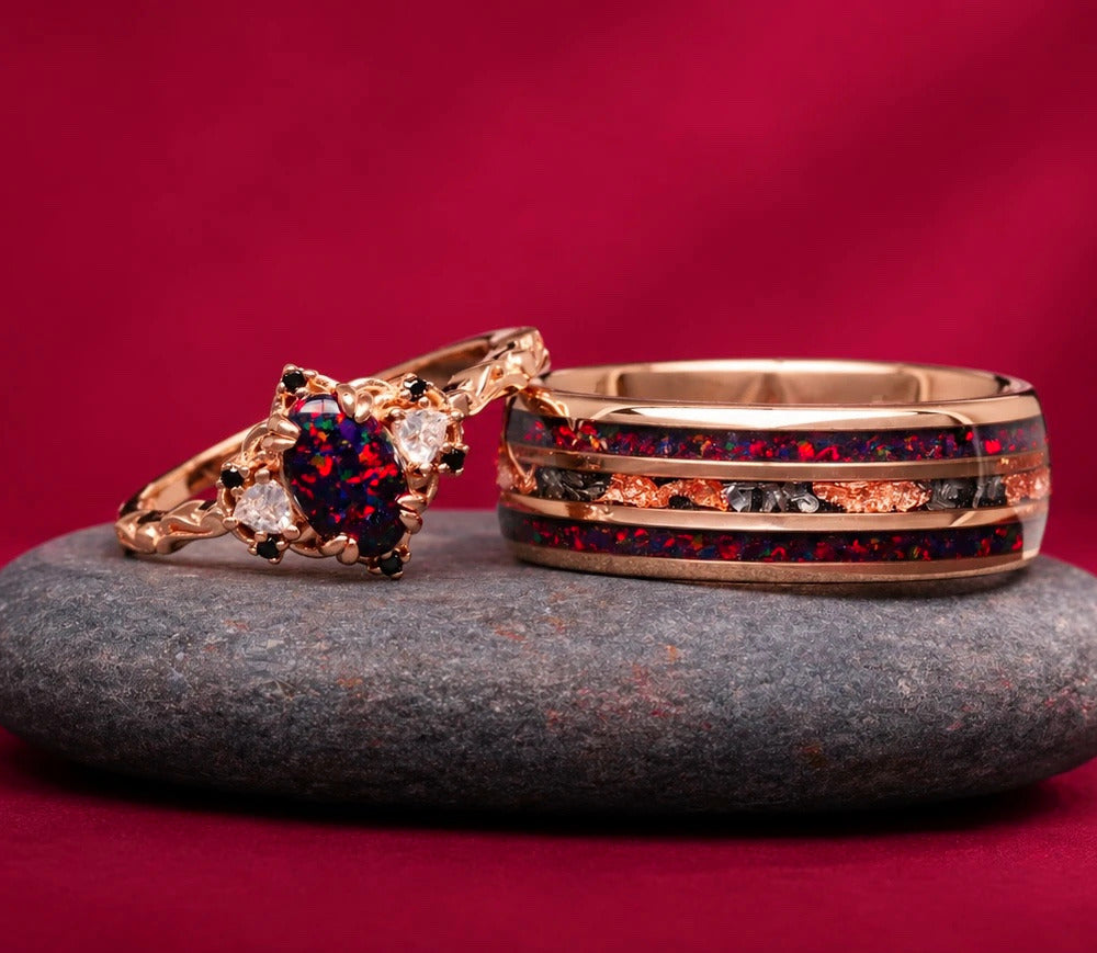 Esme Black Fire Opal & Meteorite couples ring set on a burgundy backdrop, Aquamarise Halloween offer