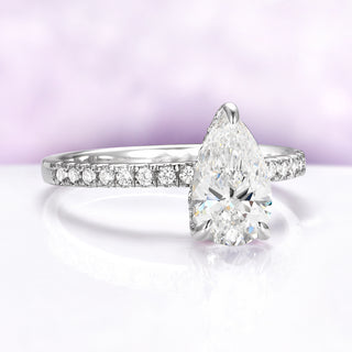 Pear Moissanite Engagement Ring in 14K White Gold (Hidden Halo)