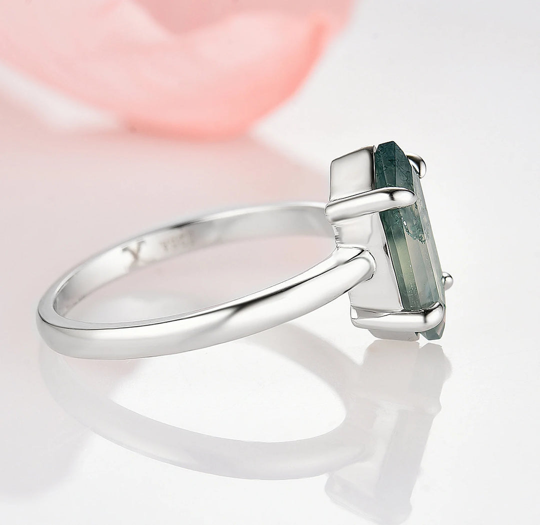 Hexagon Green Moss Agate Ring- Sterling Silver