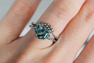 Filigree Leaf Wedding Band in 14K White Gold by Aquamarise Gold paired with a unique hexagon salt and pepper diamond ring on a hand, showcasing delicate nature-inspired design details.