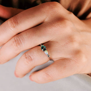 Green Moss Agate & Natural Australian Opal Ring in 14K Rose Gold Vermeil