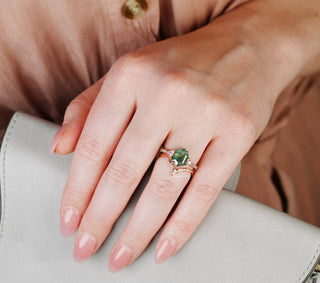 Hexagon Cut Green Moss Agate Engagement Ring Set in 14K Solid Rose Gold