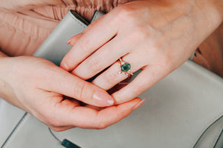 Hexagon Cut Green Moss Agate Engagement Ring Set in 14K Solid Rose Gold