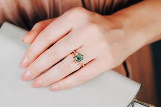 Hexagon Cut Green Moss Agate Engagement Ring Set in 14K Solid Rose Gold