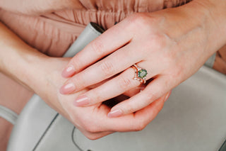 Hexagon Cut Green Moss Agate Engagement Ring Set in 14K Solid Rose Gold