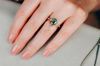 Hexagon Cut Green Moss Agate Engagement Ring Set in 14K Solid Rose Gold