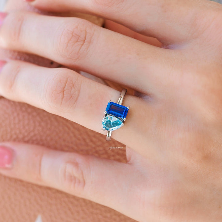 'Toi Et Moi' Blue Sapphire & Aquamarine Ring- 925 Sterling Silver