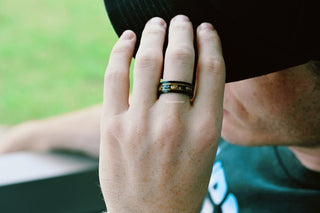 Meteorite & Gold Leaf Wedding Band in Two Tone Black Tungsten (8mm)
