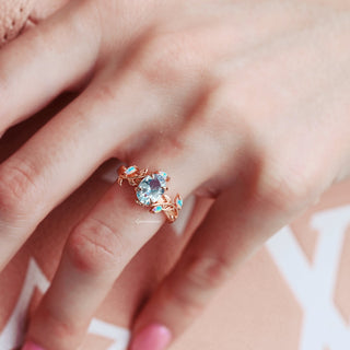 Aquamarine & Fire Opal Leaf Engagement Ring in 14K Rose Gold Vermeil