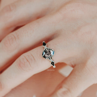 Hexagon Cut Rutilated Quartz and Black Onyx Engagement Ring in 14K White Gold