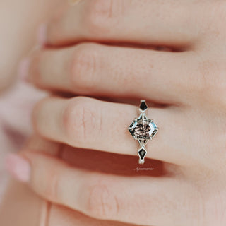 Hexagon Cut Rutilated Quartz and Black Onyx Engagement Ring in 14K White Gold